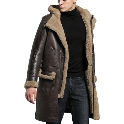 Men's full-grain leather trench coat in black cowhide — belted, knee-length silhouette