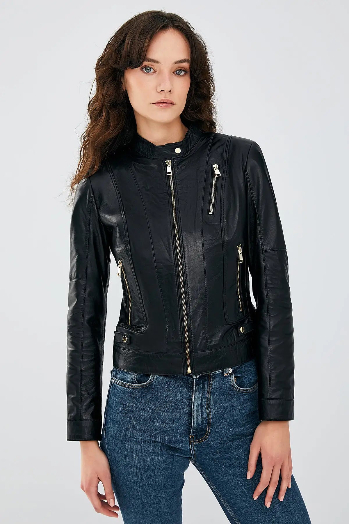 Black Women's Leather Stretch-Fit Biker Jacket LJM
