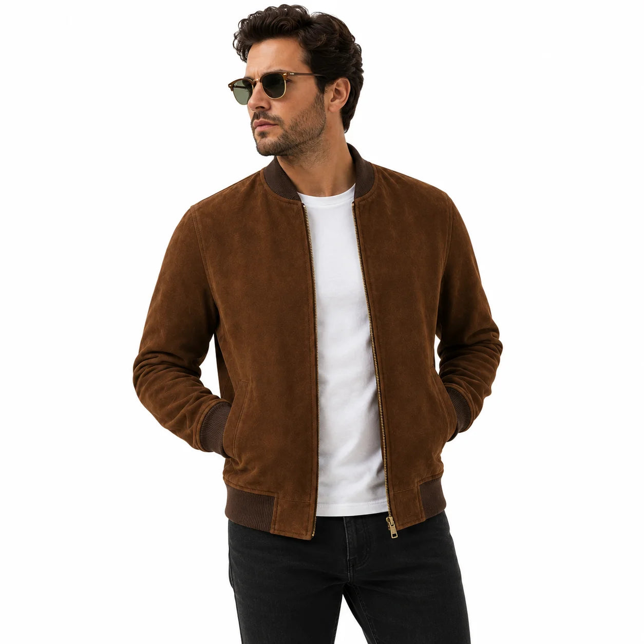 Man wearing brown suede bomber jacket with white tee and denim, street style