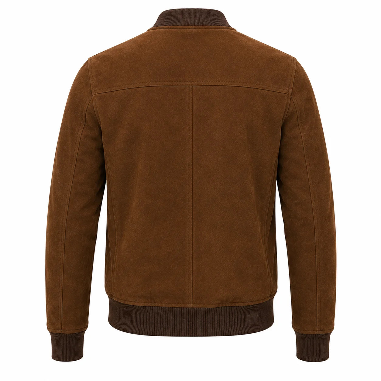 Men's brown goat suede bomber jacket with ribbed cuffs, back view