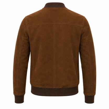 Men's brown goat suede bomber jacket with ribbed cuffs, back view