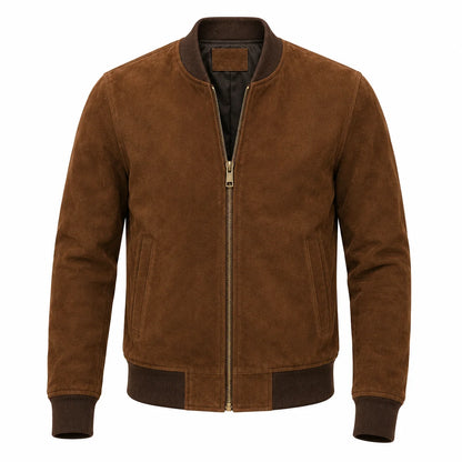 Men's brown goat suede bomber jacket with ribbed cuffs, front view
