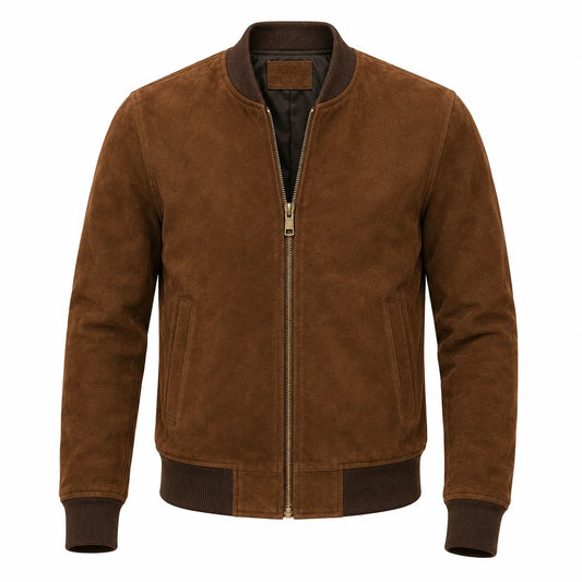 Men's brown goat suede bomber jacket with ribbed cuffs, front view