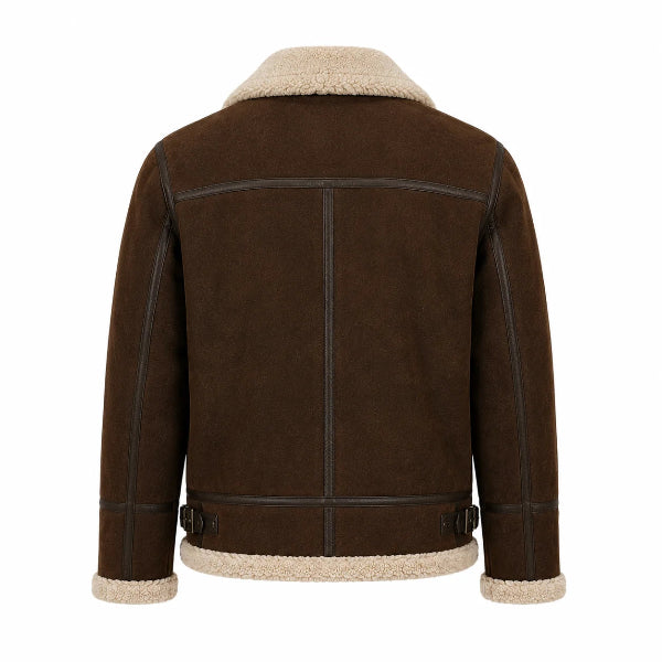 Men's camel suede shearling jacket with sheepskin collar, back view