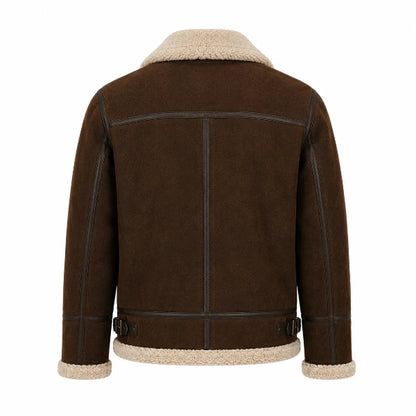 Men's camel suede shearling jacket with sheepskin collar, back view
