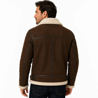 Man wearing suede shearling aviator jacket with denim, winter outfit