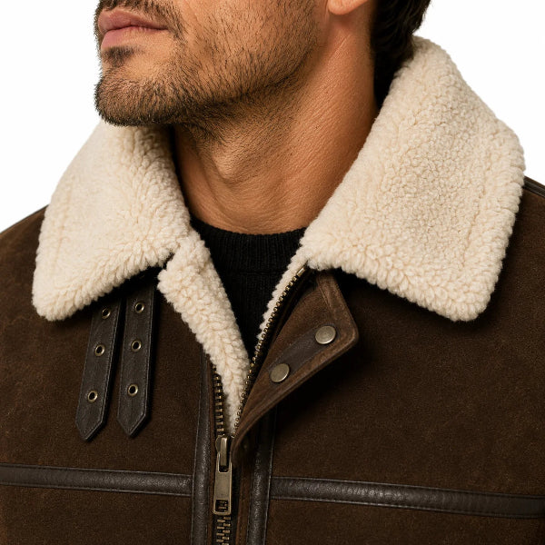 Close-up of suede shearling jacket wind flap and snap closures