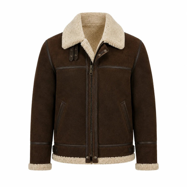 Men's camel suede shearling jacket with sheepskin collar, front view