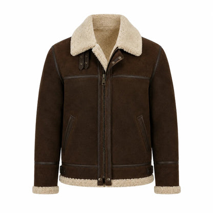 Men's camel suede shearling jacket with sheepskin collar, front view
