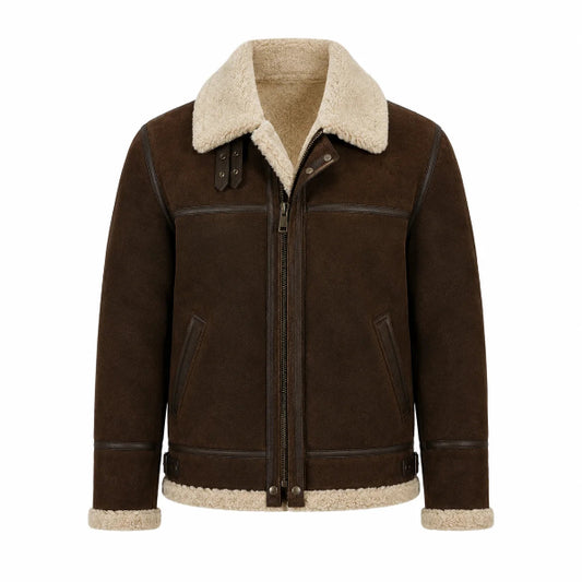 Men's camel suede shearling jacket with sheepskin collar, front view
