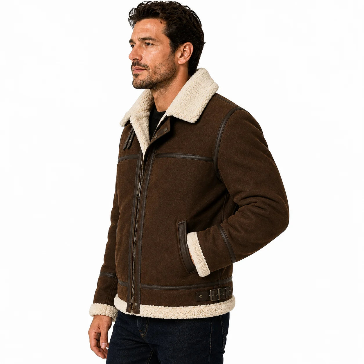 Man wearing suede shearling aviator jacket with denim, winter outfit side look