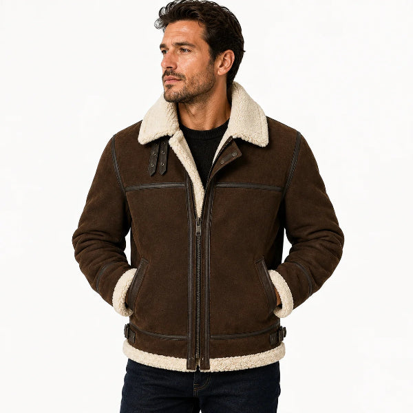 Man wearing suede shearling aviator jacket with denim, winter outfit
