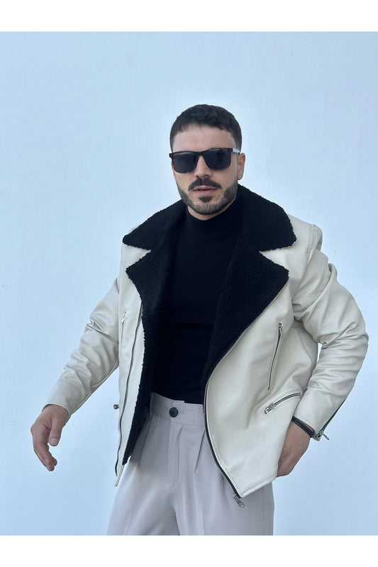 Men’s Off-white Bomber Style Shearling Leather Jacket with Fur Collar LJM