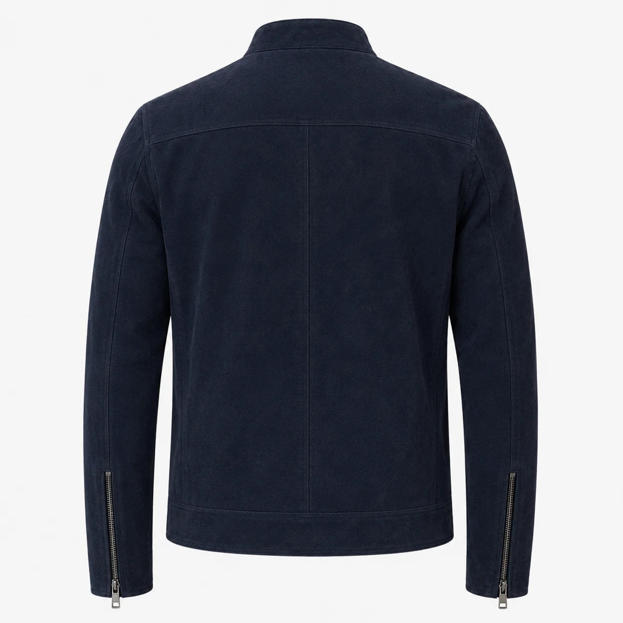 Men's blue suede cafe racer jacket with straight zip, back view