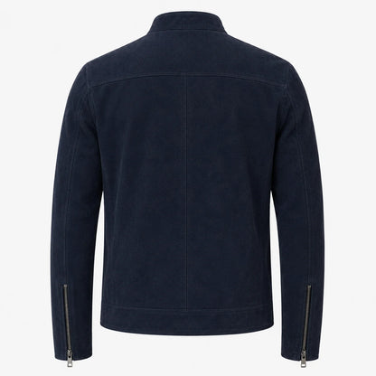 Men's blue suede cafe racer jacket with straight zip, back view