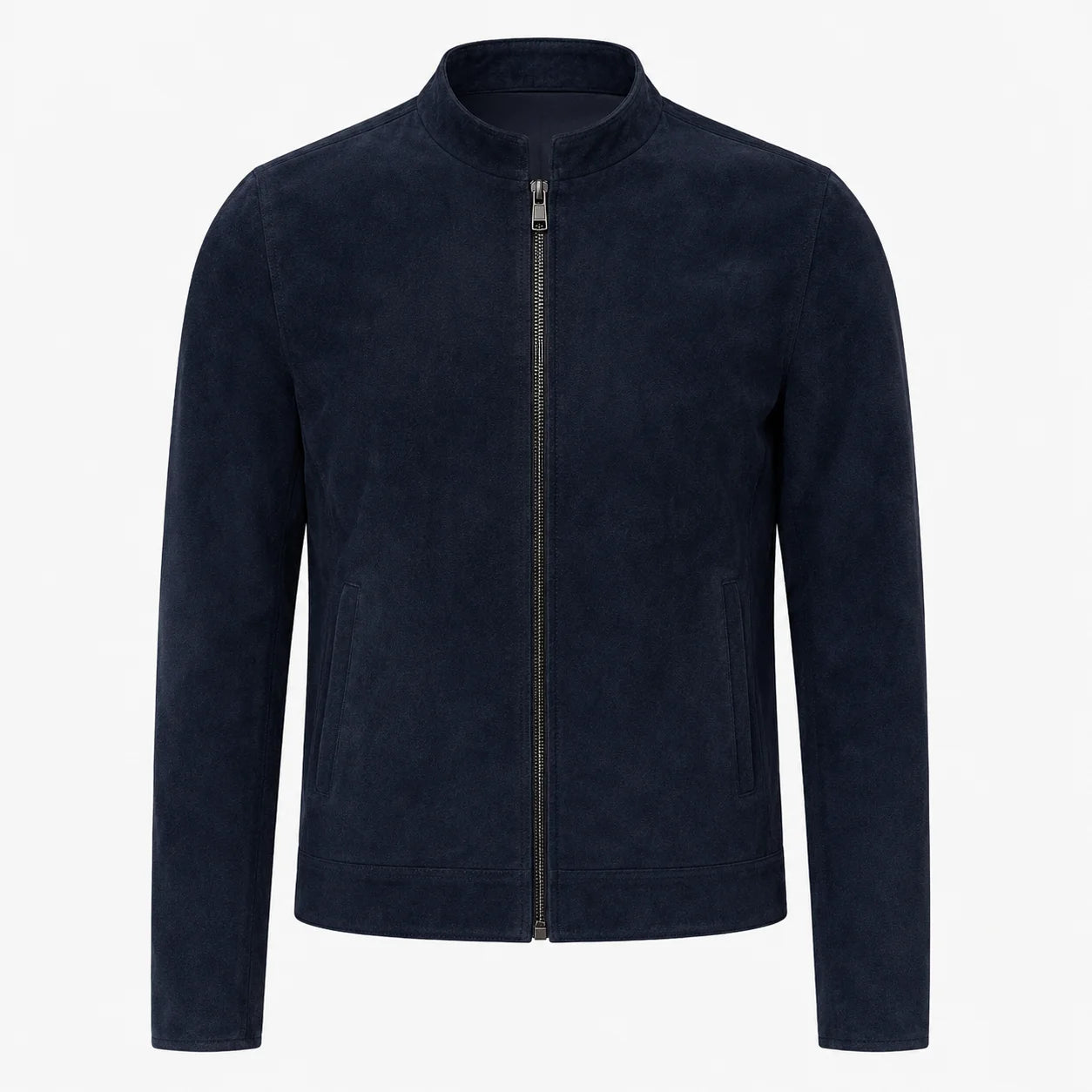 Men's blue suede cafe racer jacket with straight zip, front view