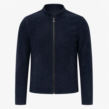 Men's blue suede cafe racer jacket with straight zip, front view