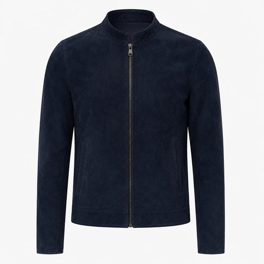 Men's blue suede cafe racer jacket with straight zip, front view