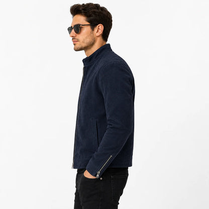 Men's blue suede cafe racer jacket with straight zip, side view