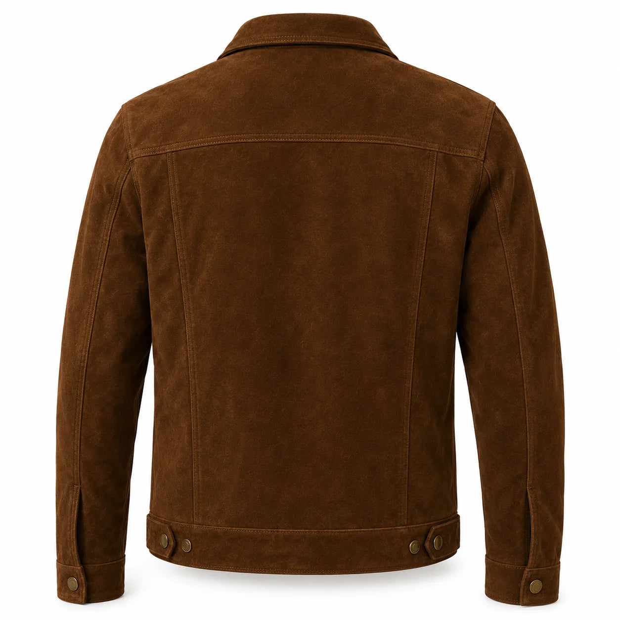 Men's brown suede biker jacket with asymmetric zip, back view