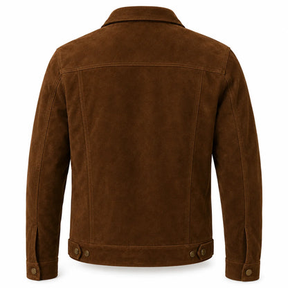 Men's brown suede biker jacket with asymmetric zip, back view