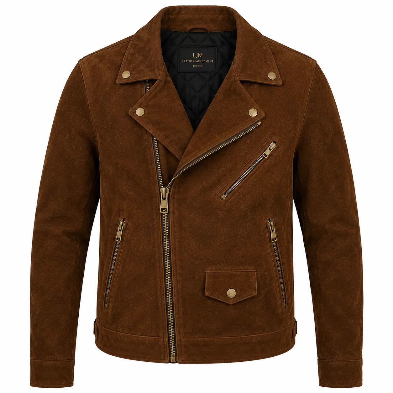 Men's brown suede biker jacket with asymmetric zip, front view