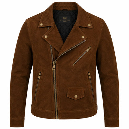 Men's brown suede biker jacket with asymmetric zip, front view