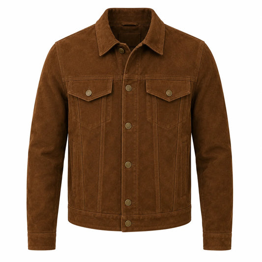 Men's brown suede trucker jacket with brass shank buttons, front view