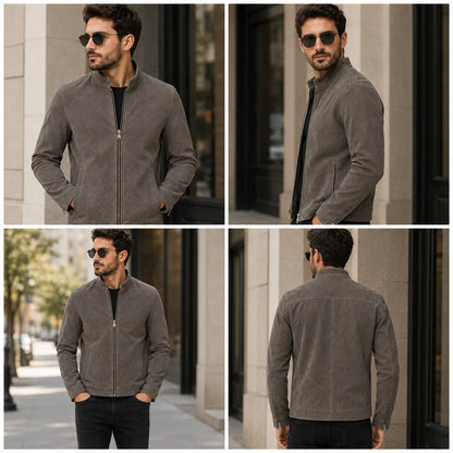 Men's grey suede cafe racer jacket with straight zip, all view