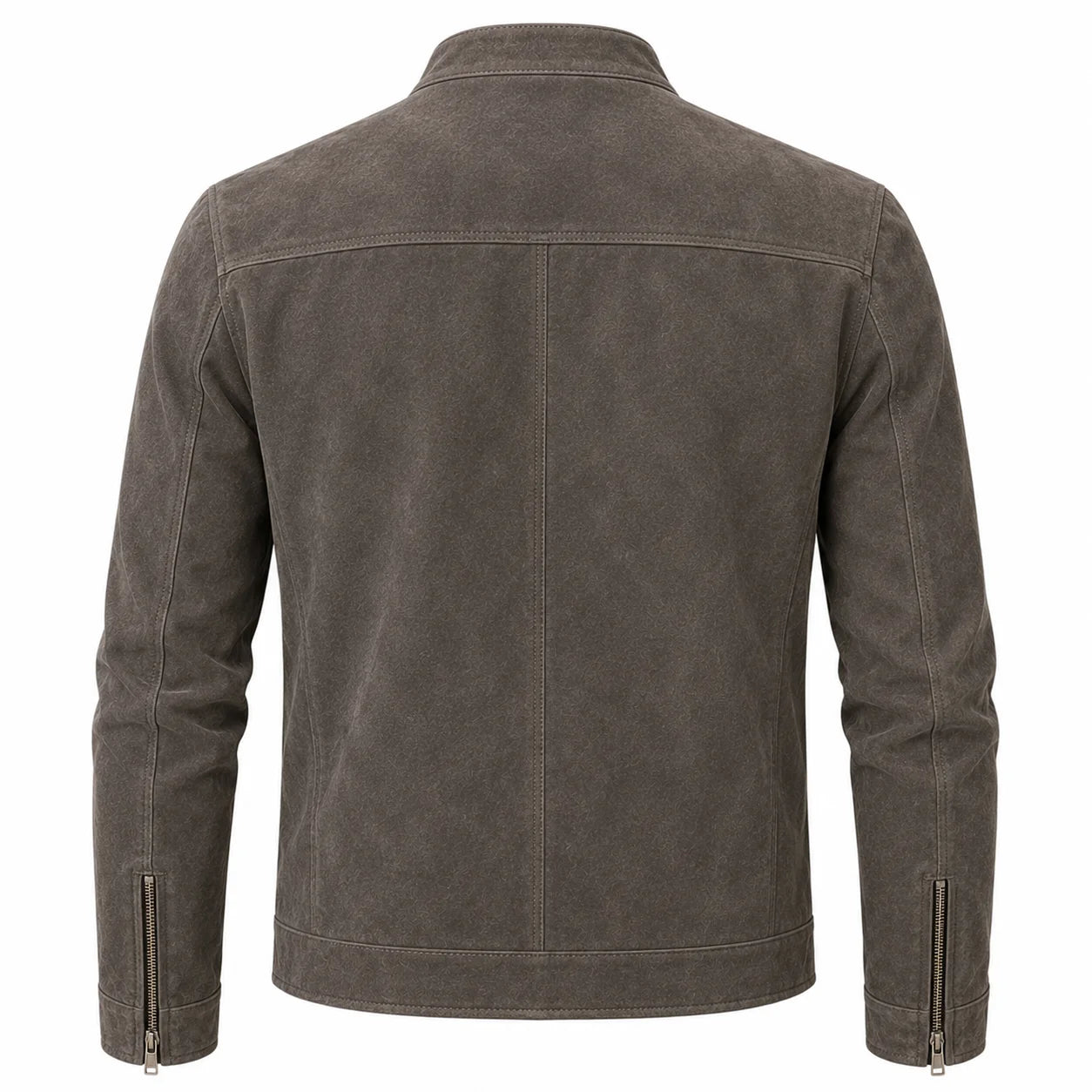 Men's grey suede cafe racer jacket with straight zip, back view