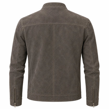 Men's grey suede cafe racer jacket with straight zip, back view