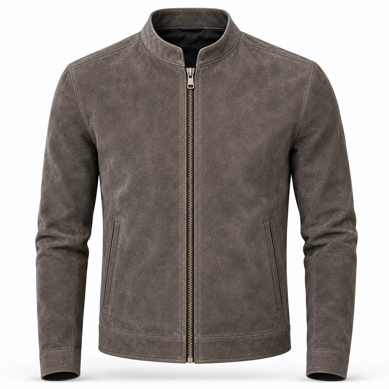 Men's grey suede cafe racer jacket with straight zip, front view