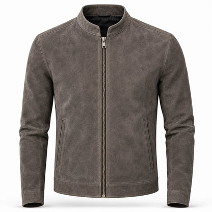 Men's grey suede cafe racer jacket with straight zip, front view