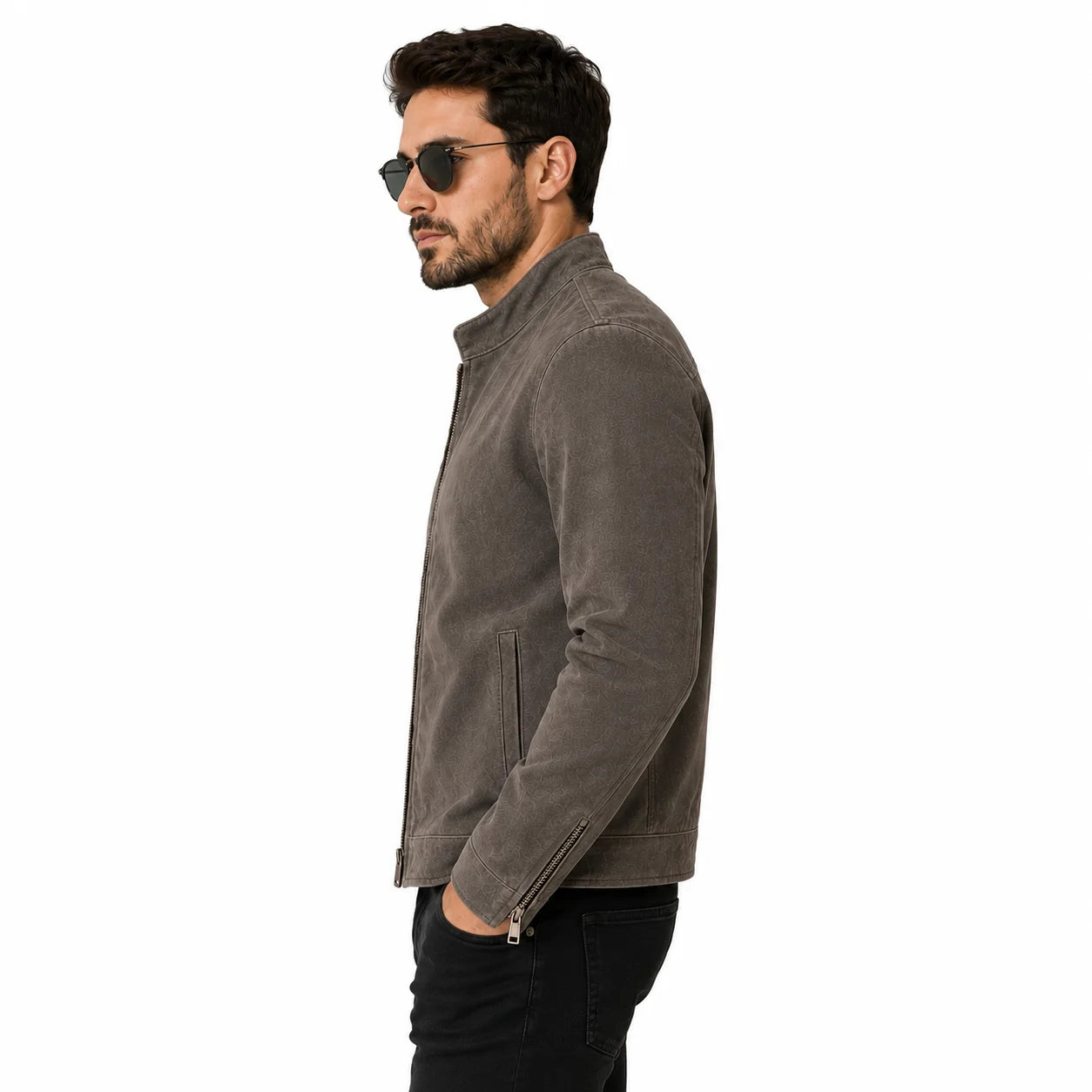 Men's grey suede cafe racer jacket with straight zip, side view