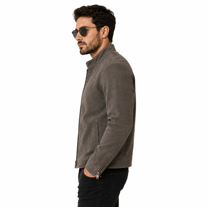 Men's grey suede cafe racer jacket with straight zip, side view