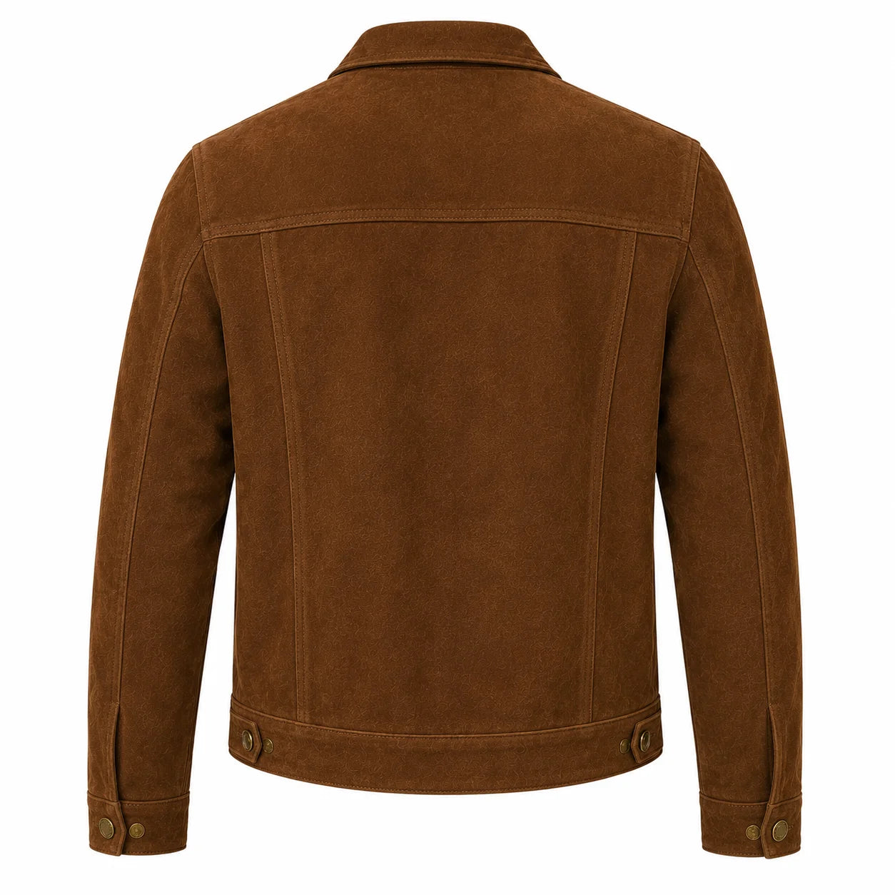 Men's tan suede trucker jacket with brass shank buttons, back view