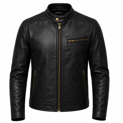 Minimalist black cafe racer jacket in full grain cowhide front view