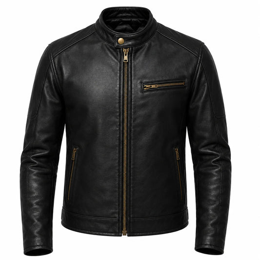 Minimalist black cafe racer jacket in full grain cowhide front view