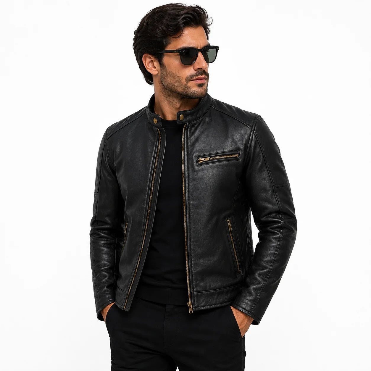 Minimalist black cafe racer jacket in full grain cowhide front wearing look