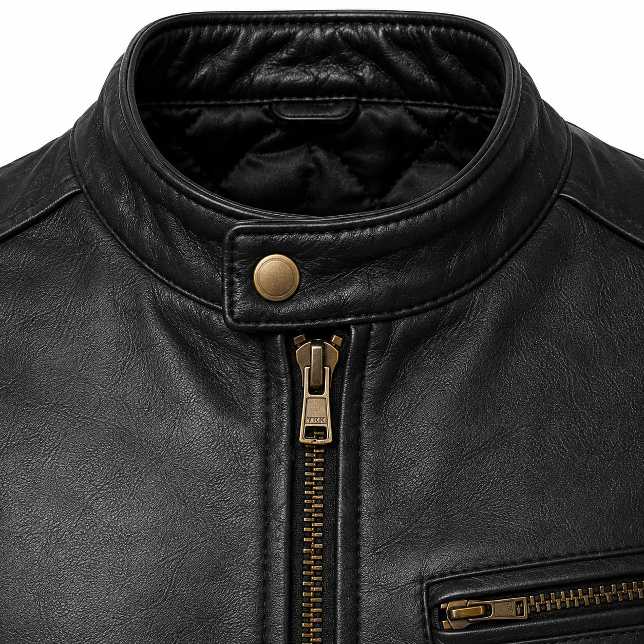 Minimalist black cafe racer Jacket in full grain cowhide close-up