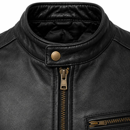 Minimalist black cafe racer Jacket in full grain cowhide close-up
