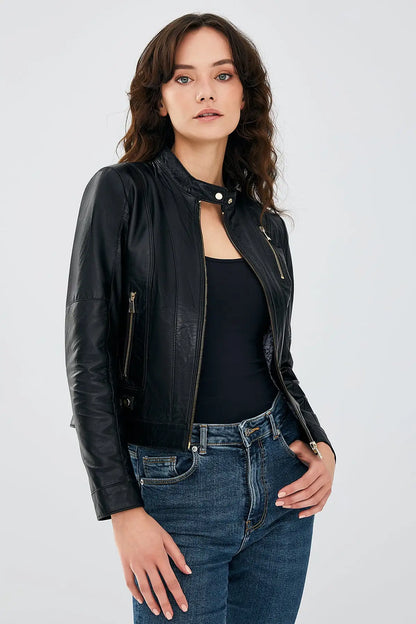 Black leather biker jacket for women, back panel stretch construction, rear view