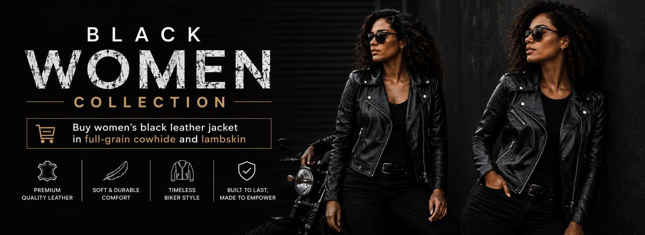 Black Women Collection banner, featuring two models wearing black leather jackets against a dark textured background