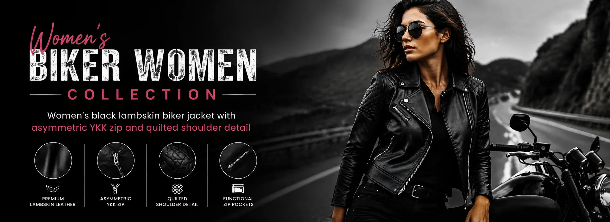 A woman wearing a black leather biker jacket and sunglasses stands beside a motorcycle on a road