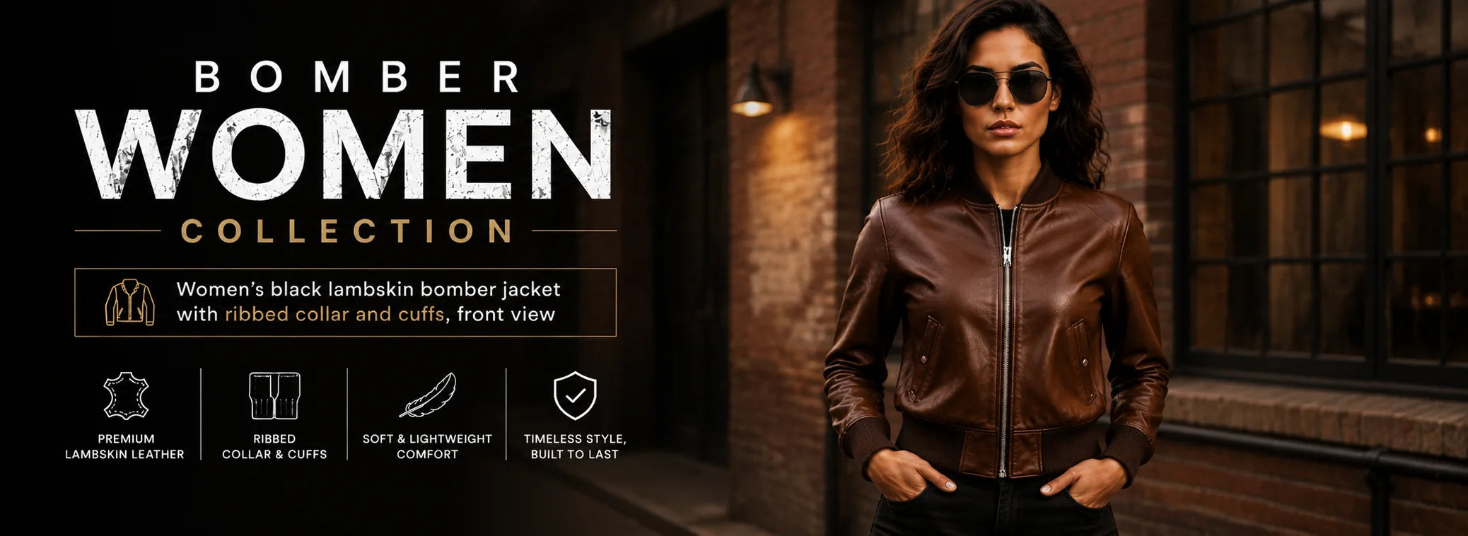 Women's black lambskin bomber jacket with ribbed collar and cuffs, front view