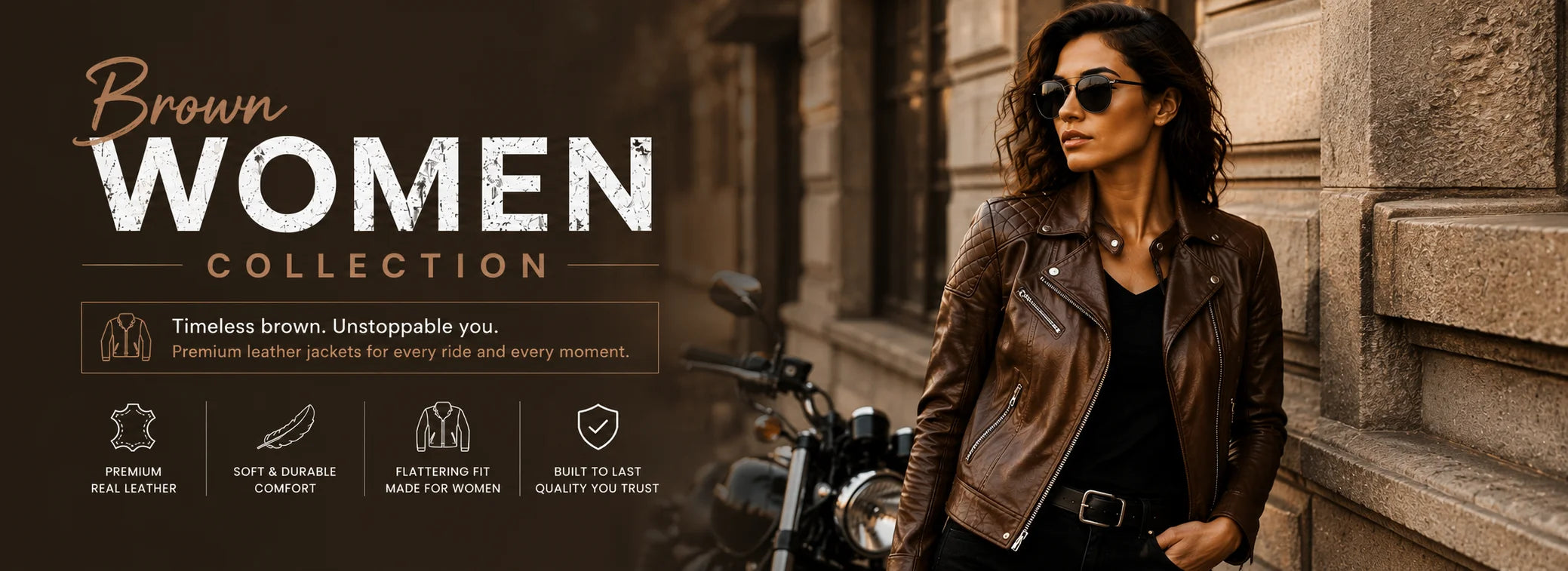 A woman wearing a brown leather moto jacket stands next to a motorcycle on a city street, 