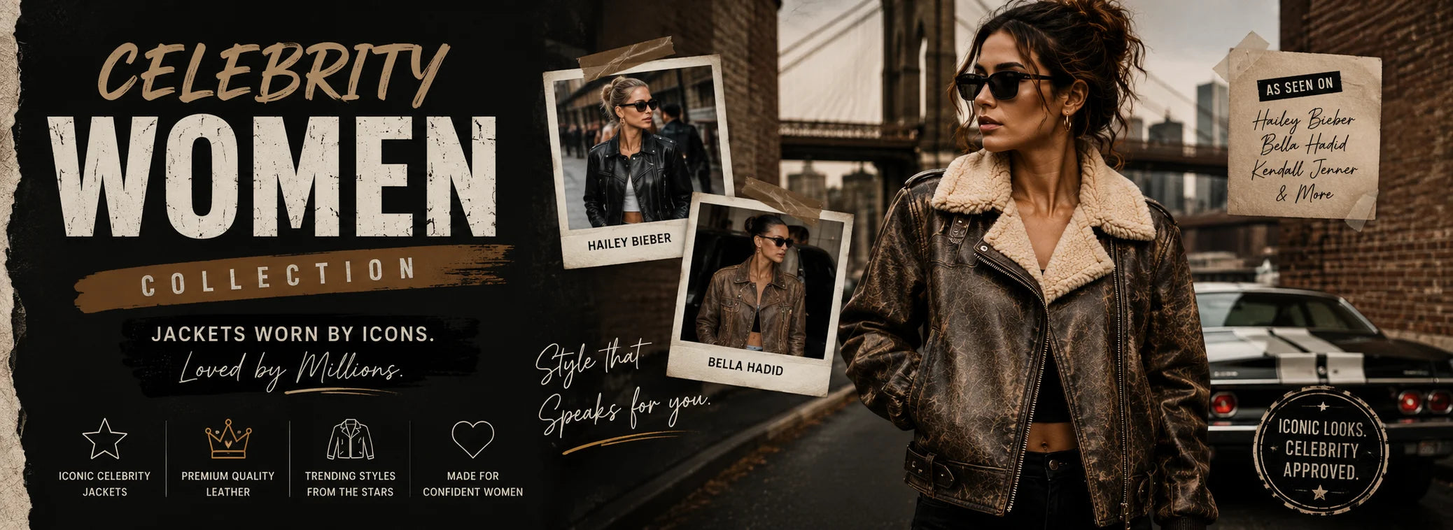  Woman in a brown leather jacket inspired by celebrity women leather jacket, styled with sunglasses and an urban background. Two Polaroid-style photos of celebrities wearing jackets are displayed, along with text highlighting jackets worn by icons.