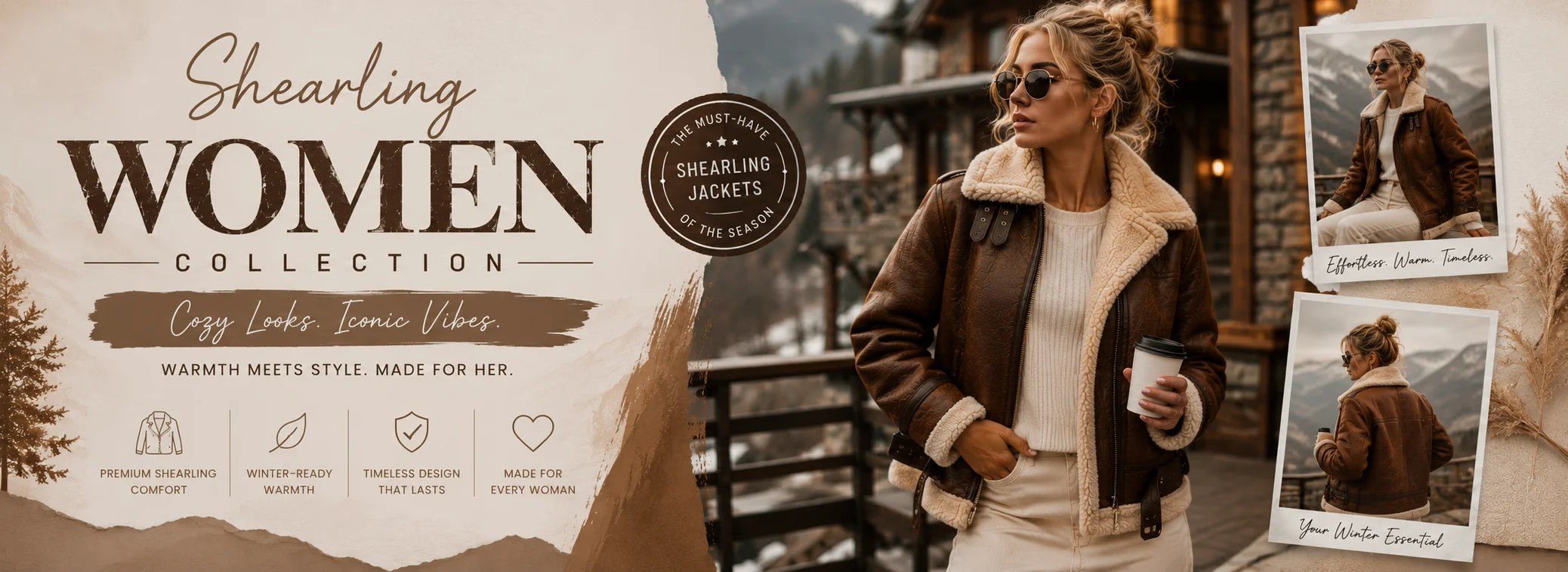 Shearing Women Collection banner featuring a woman wearing a brown shearling-lined jacket with a cream shearling collar in an outdoor rustic setting.