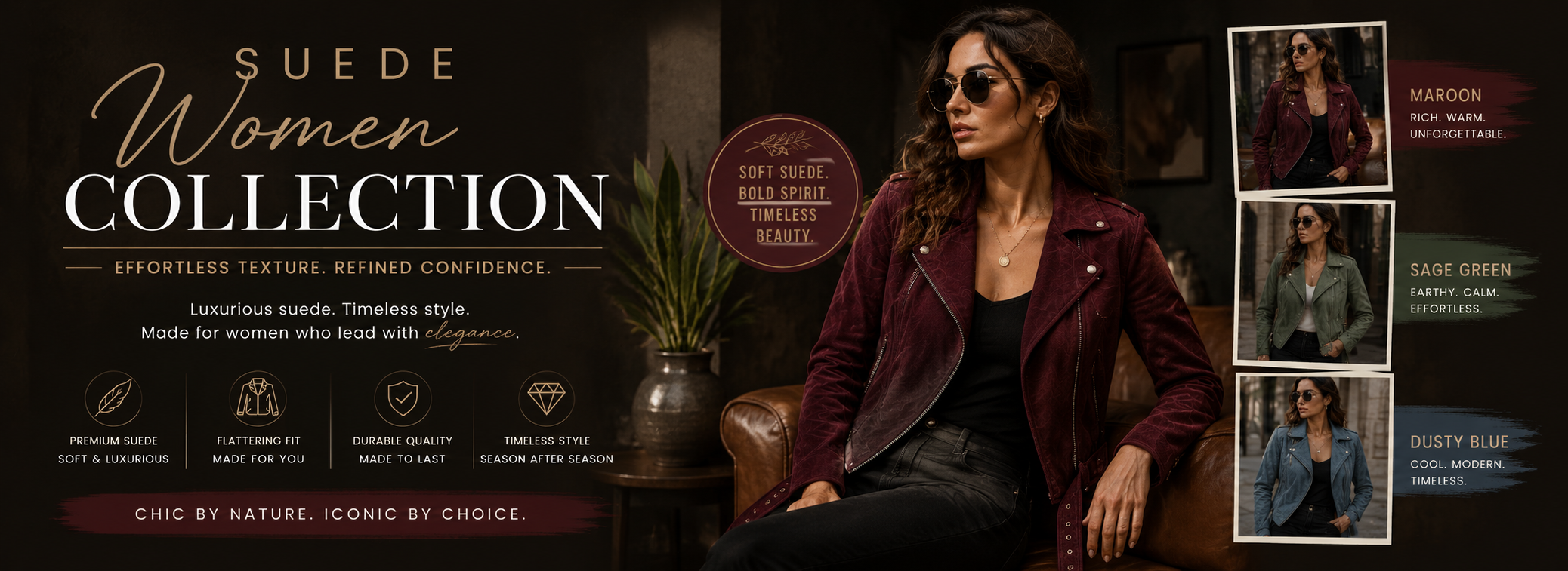 Suede Women Collection banner featuring a woman wearing a dark burgundy leather jacket, set against a dark, moody background with text and four smaller colorway thumbnails on the right.