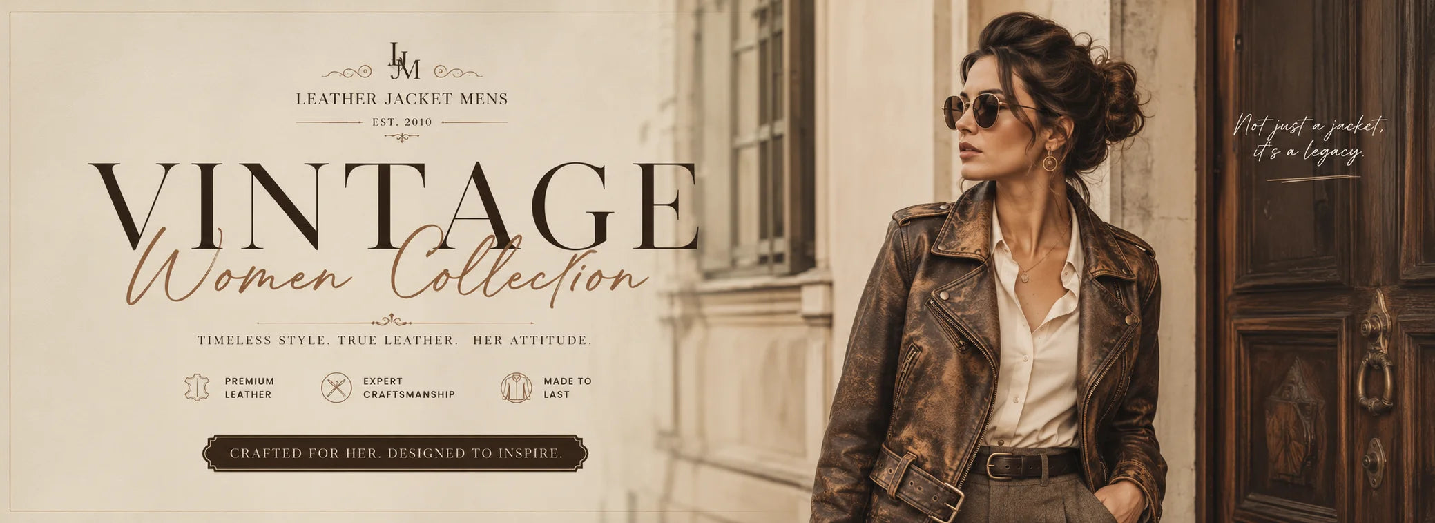 Vintage Women Collection banner, featuring a model in a vintage brown leather jacket in urban-styling vintage look.